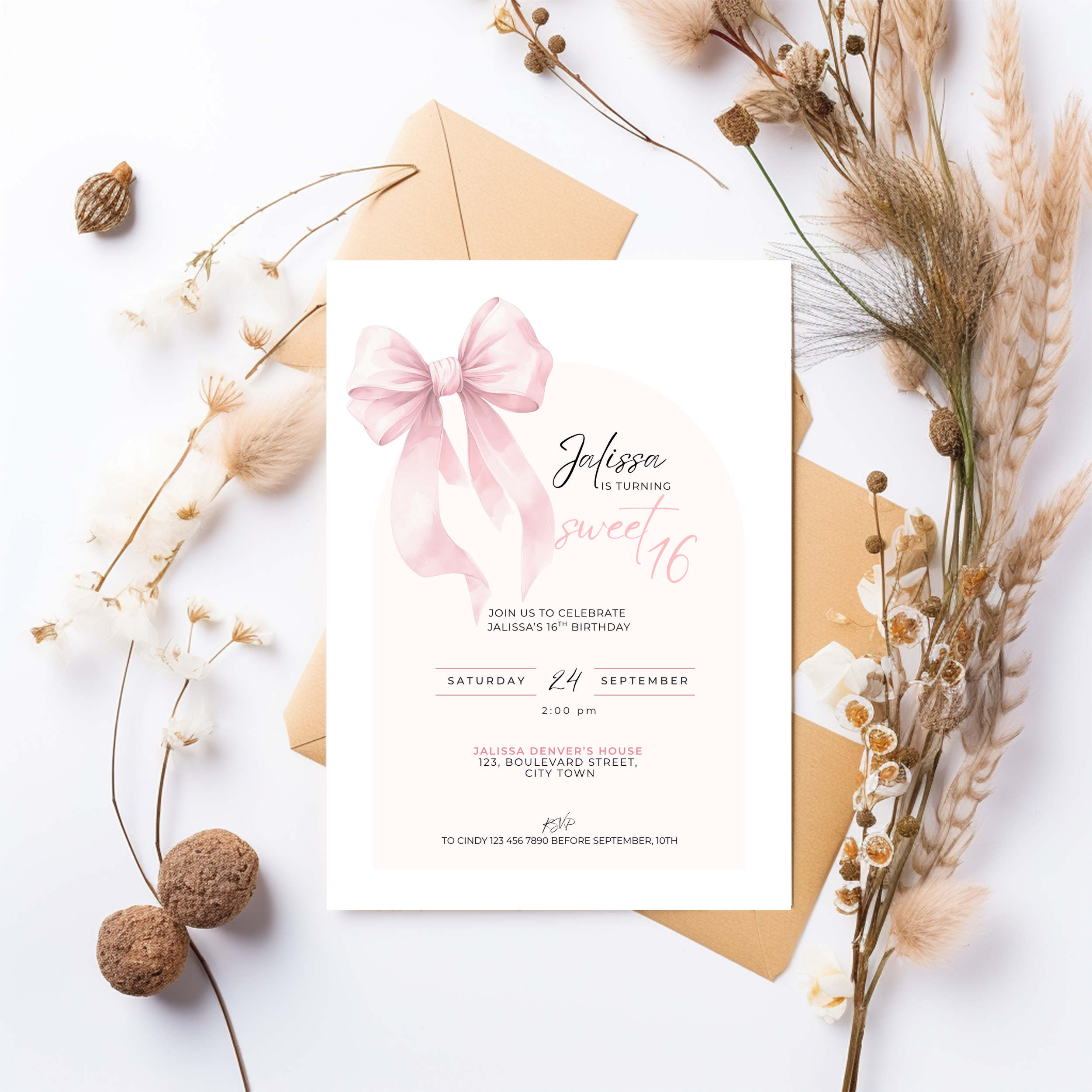 Pink Bow Sweet 16th Birthday Invitation Girls