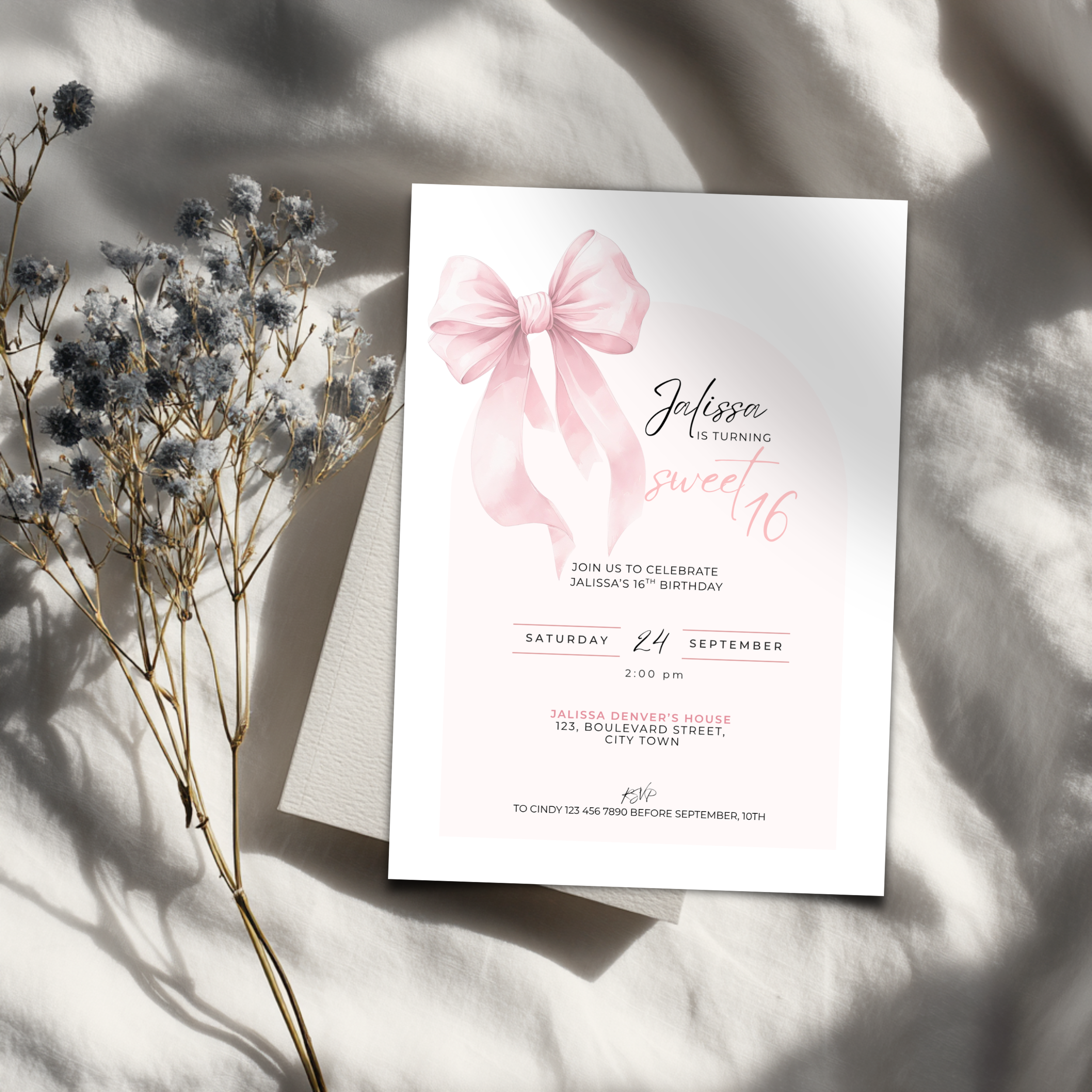 Pink Bow Sweet 16th Birthday Invitation Girls