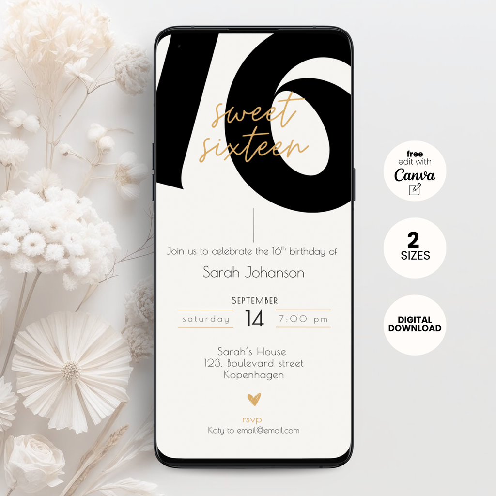 Smartphone displaying a 'Sweet Sixteen' birthday invitation with floral decorations on a light background