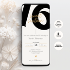 Smartphone displaying a 'Sweet Sixteen' birthday invitation with floral decorations on a light background