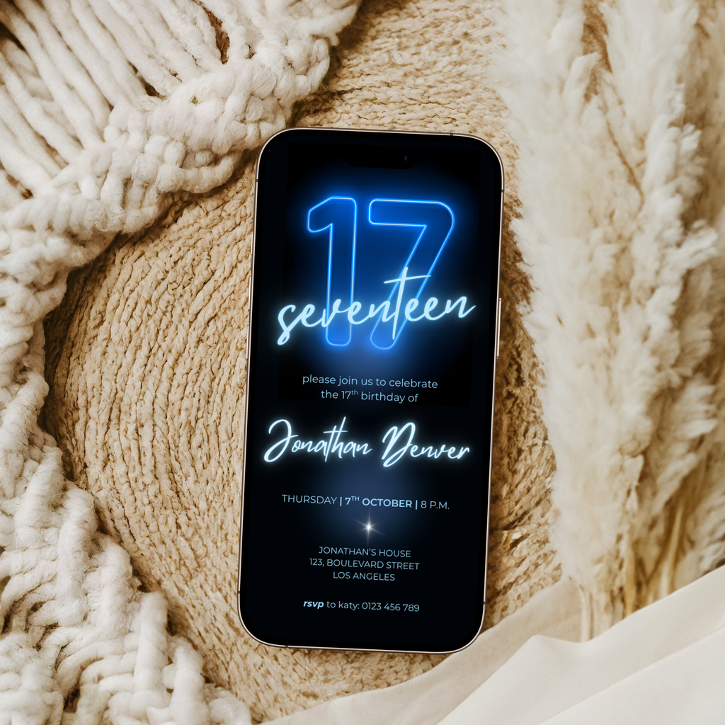 Blue Neon Glow 17th Birthday Invitation