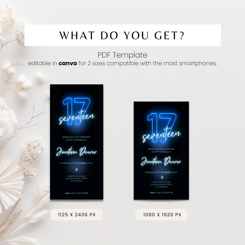 Blue Neon Glow 17th Birthday Invitation