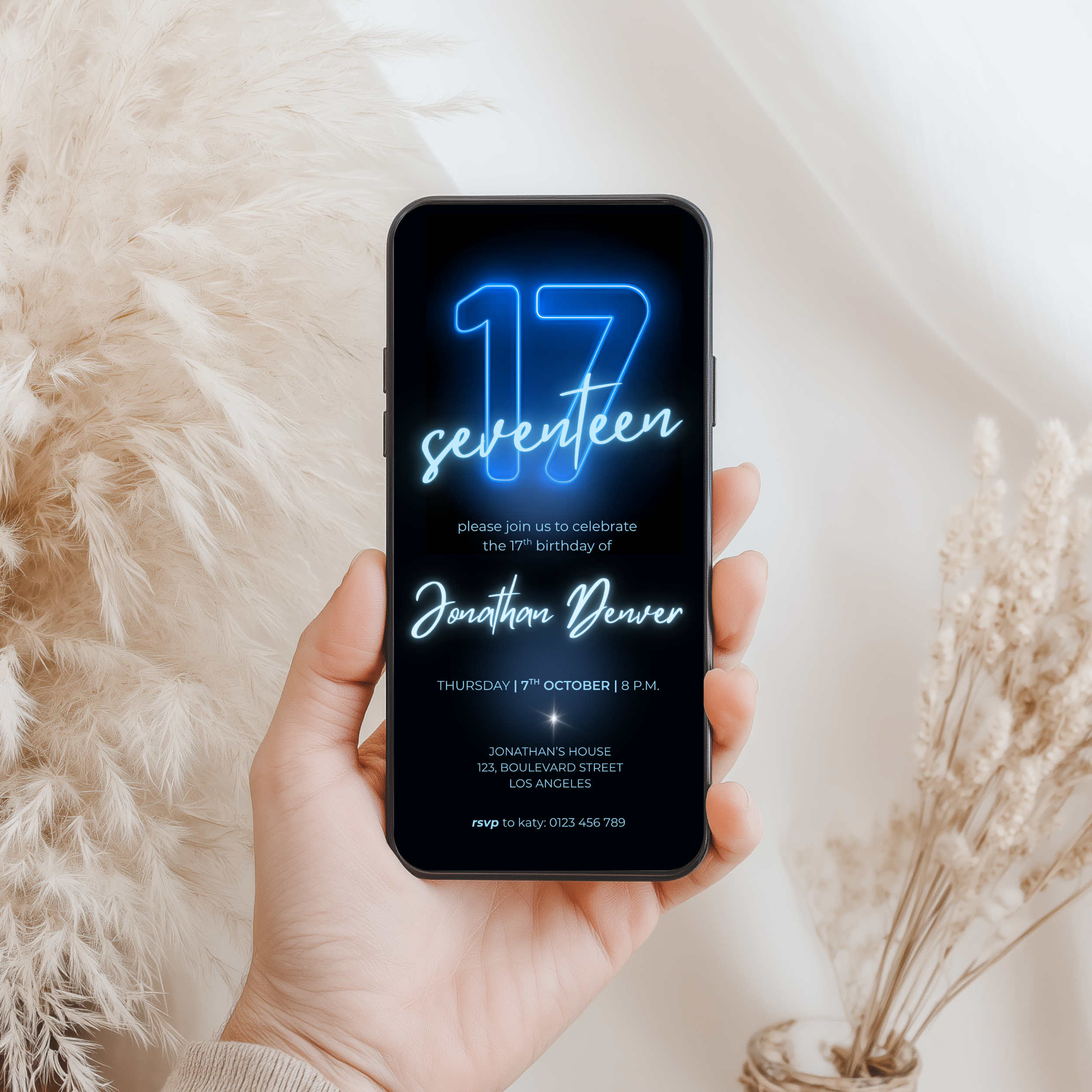 Blue Neon Glow 17th Birthday Invitation