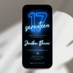 Blue Neon Glow 17th Birthday Invitation
