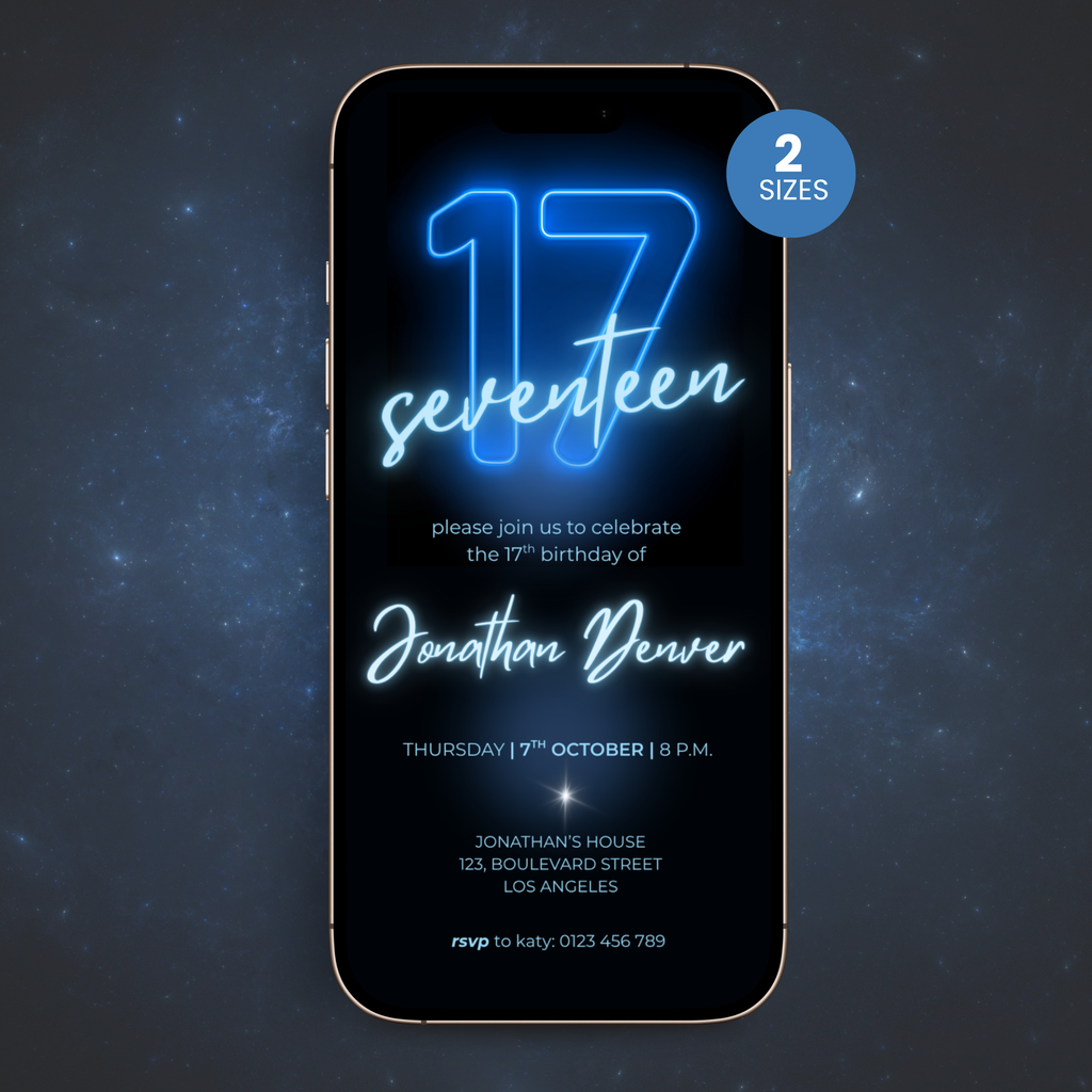 Blue Neon Glow 17th Birthday Invitation