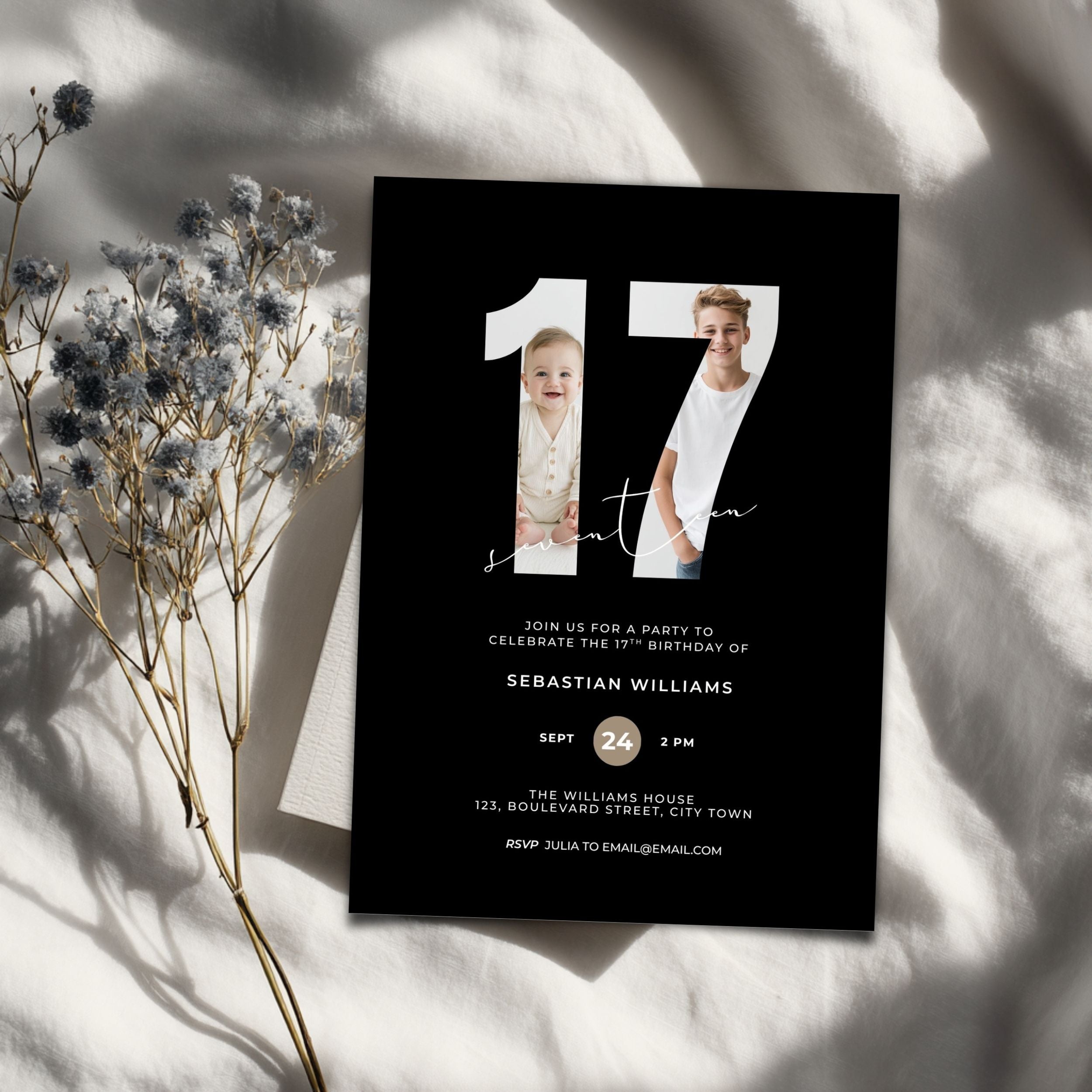 Black17th Birthday Photo Invitation Template Boys