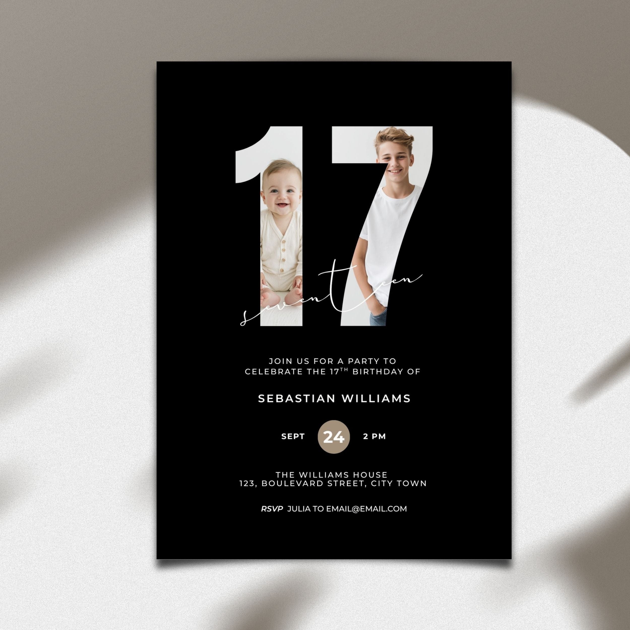 Black17th Birthday Photo Invitation Template Boys