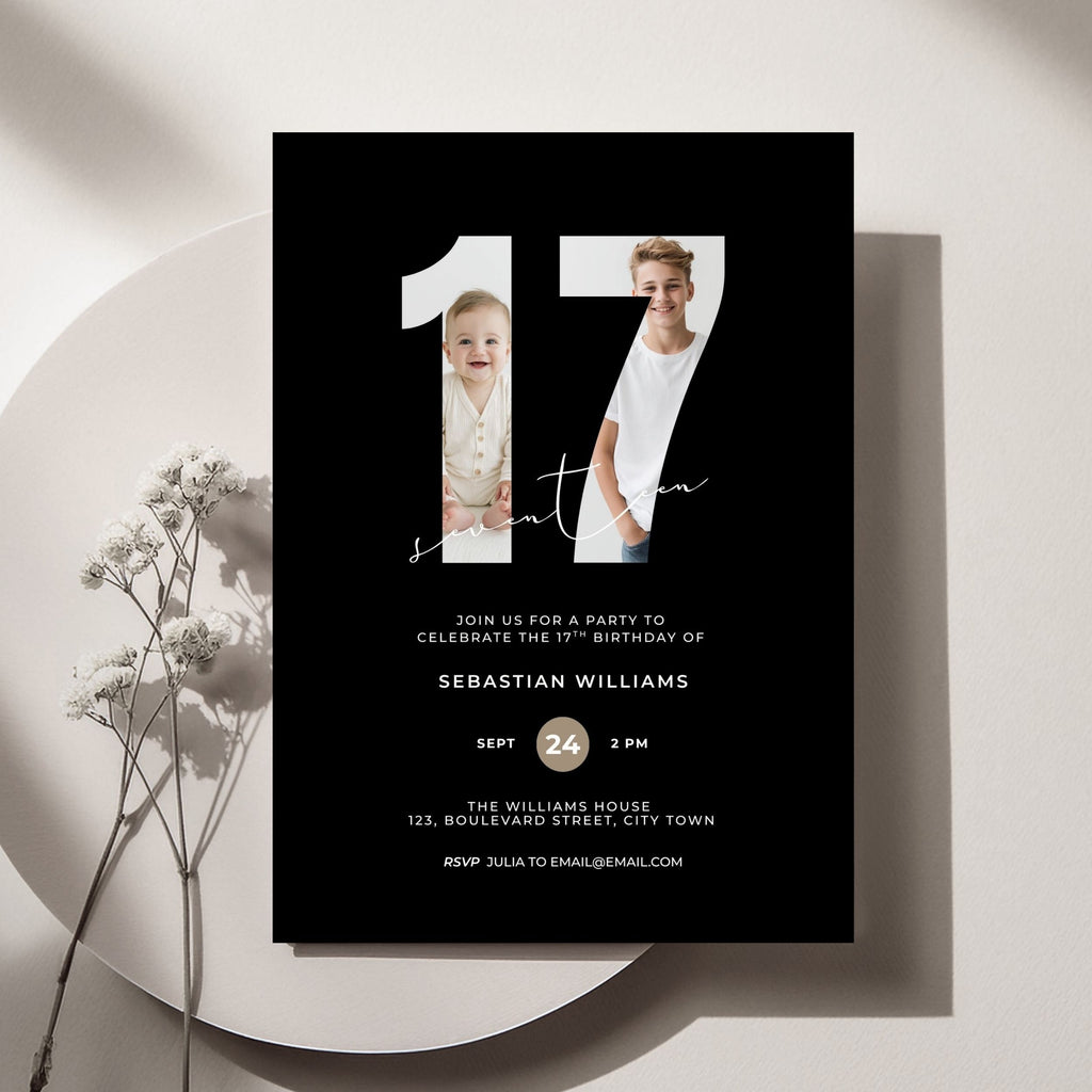 Black17th Birthday Photo Invitation Template Boys