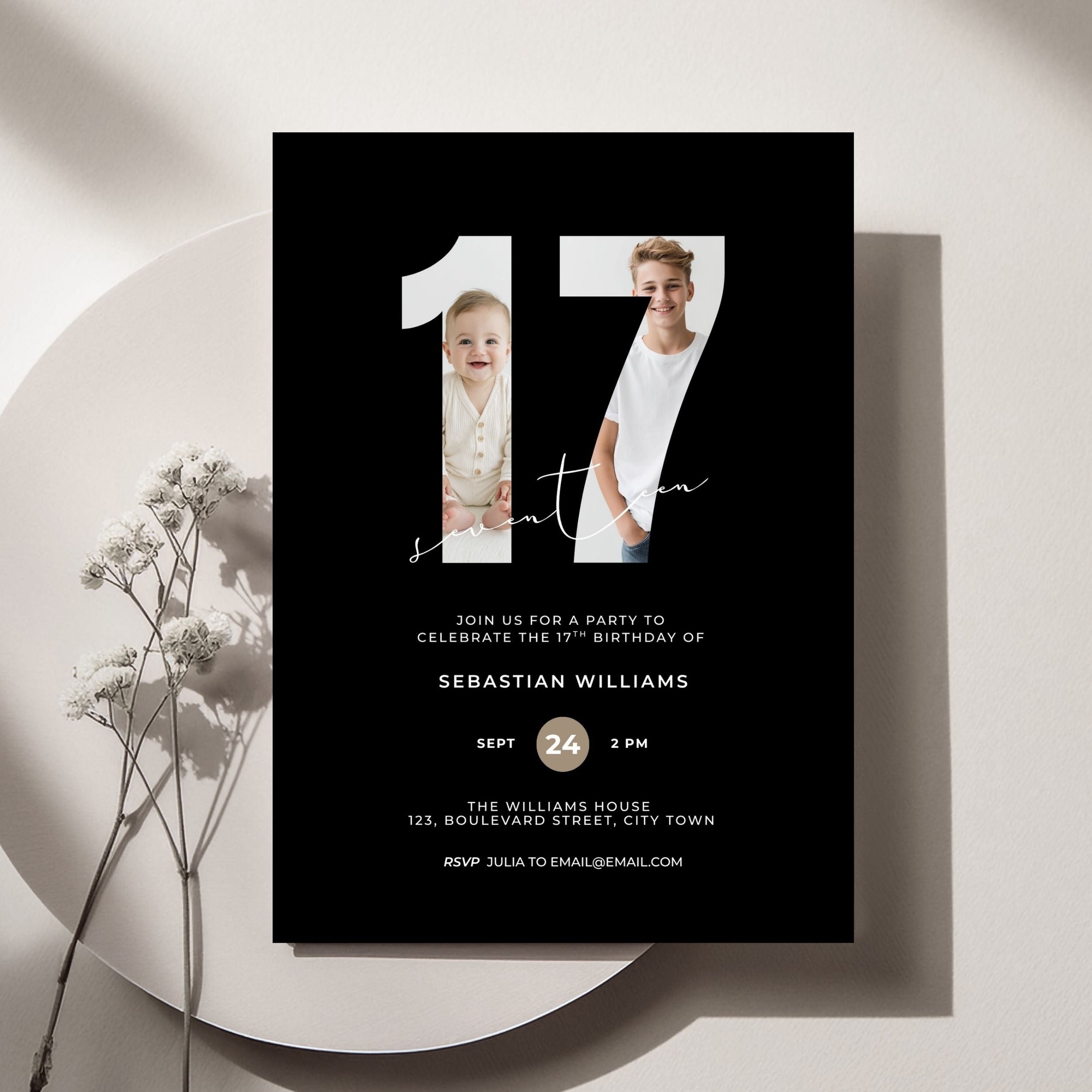 Black17th Birthday Photo Invitation Template Boys