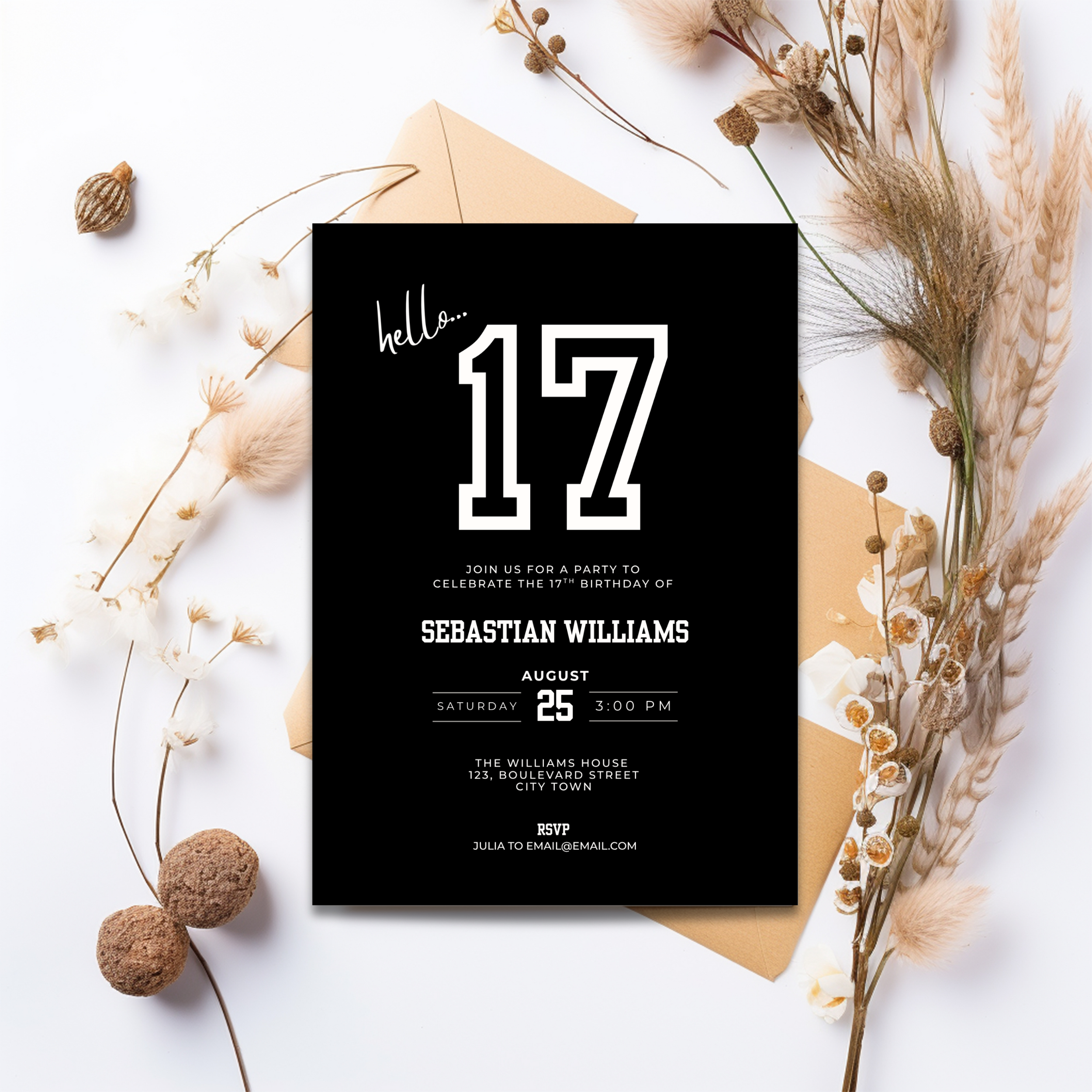 Black Sporty 17th Birthday Invitation