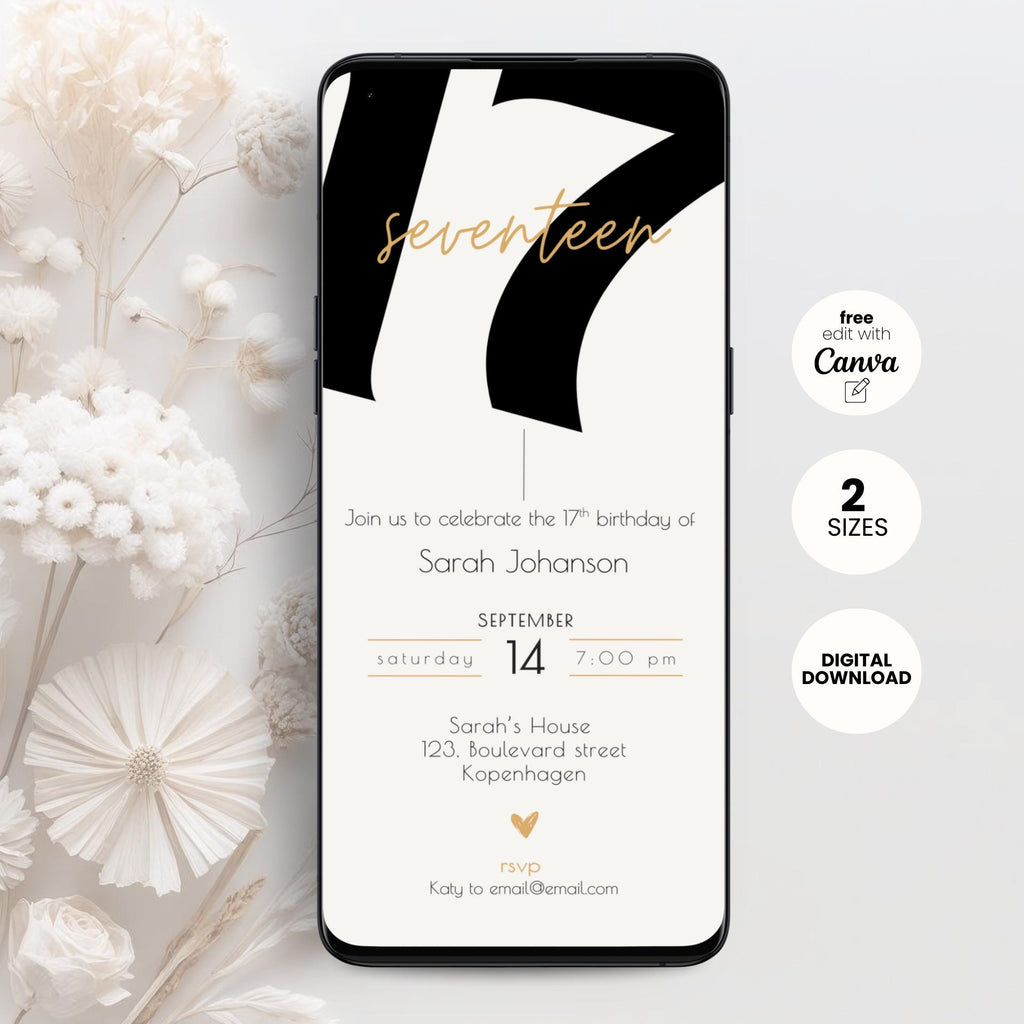 Phone screen displaying a 17th birthday invitation with bold typography 17 and white background