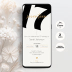 Phone screen displaying a 17th birthday invitation with bold typography 17 and white background