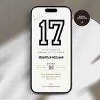 Phone displaying a 17th birthday invitation with the number 17 on a white background