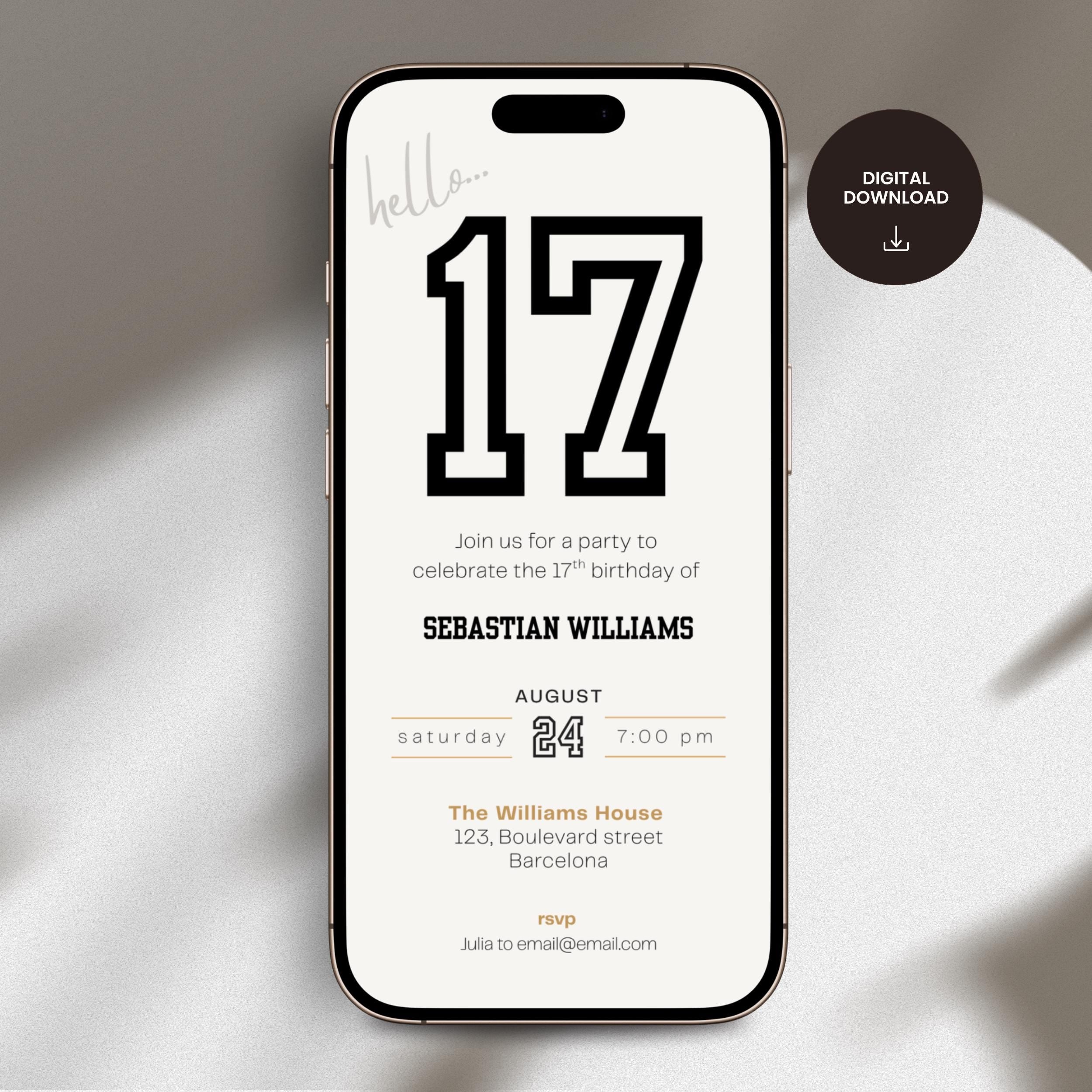 Phone displaying a 17th birthday invitation with the number 17 on a white background