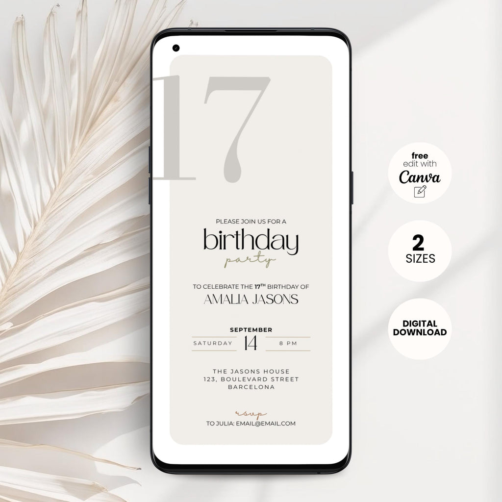 Phone screen displaying a 17th birthday party invitation with decorative elements on a light background