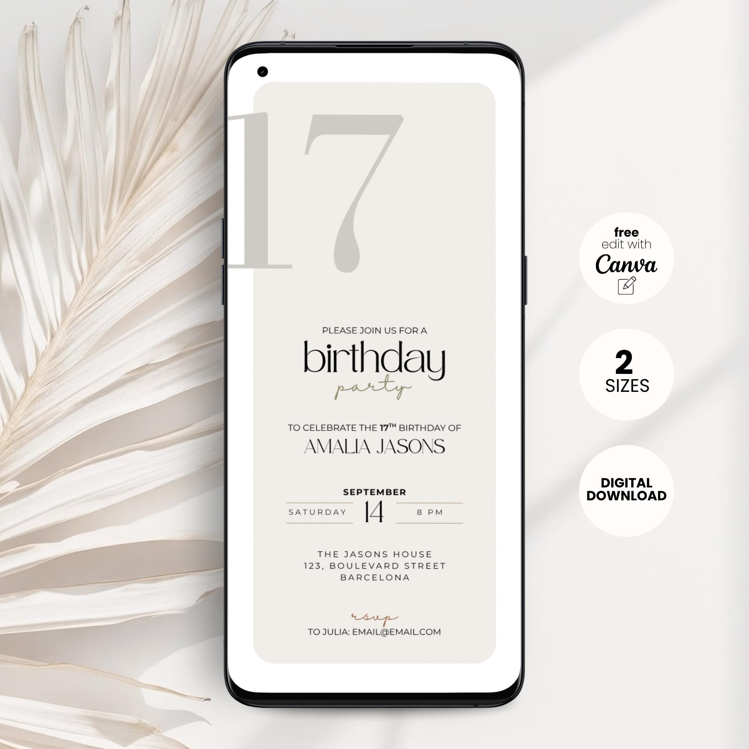 Phone screen displaying a 17th birthday party invitation with decorative elements on a light background