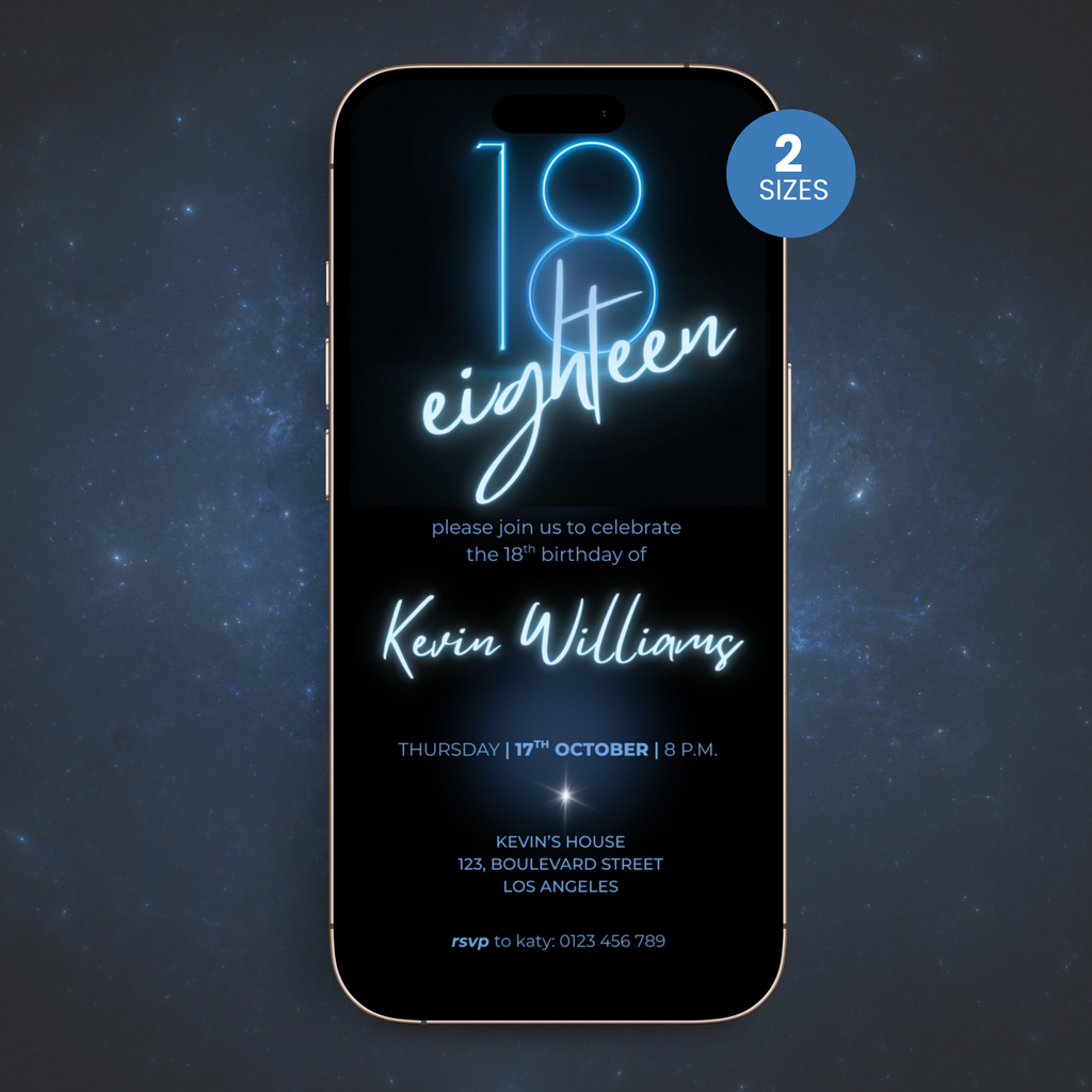 Phone displaying an 18th birthday invitation with blue text on a dark background