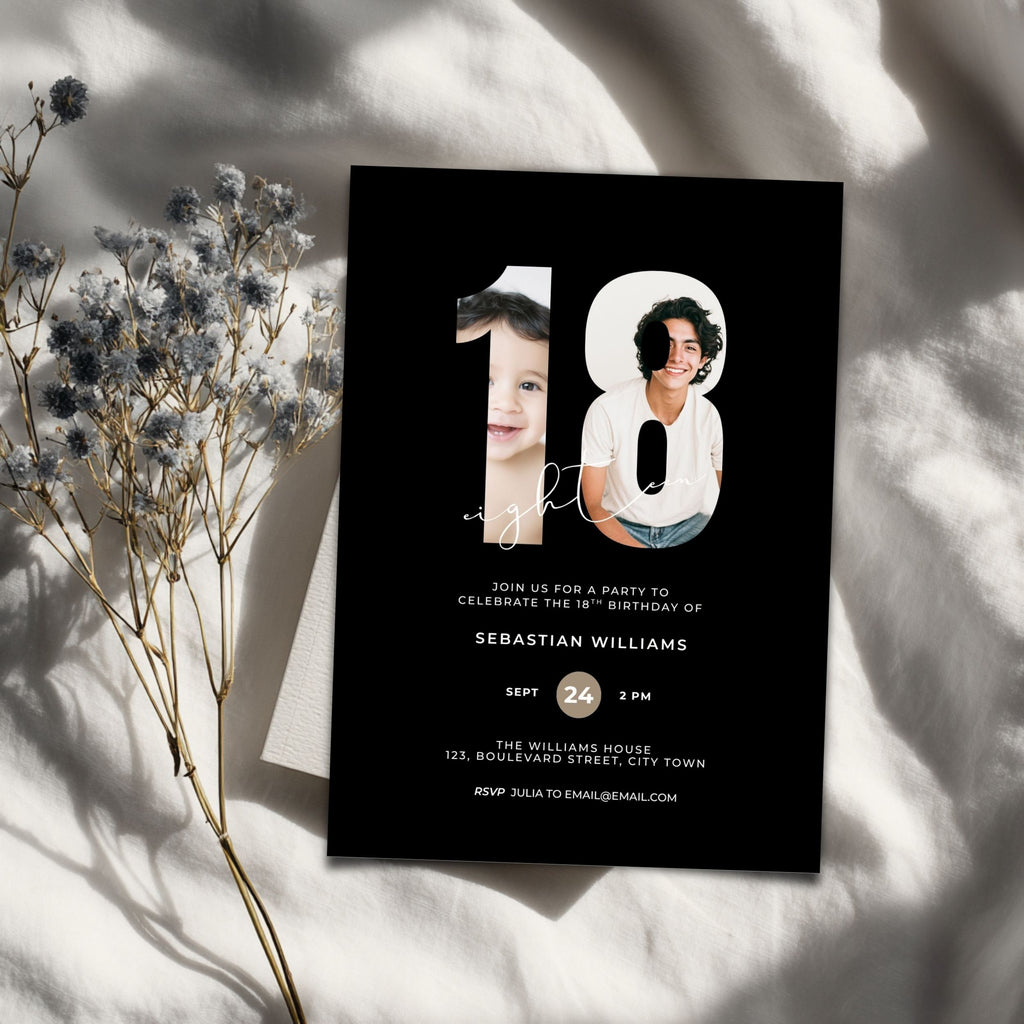 Black 18th Birthday Photo Invitation Boys