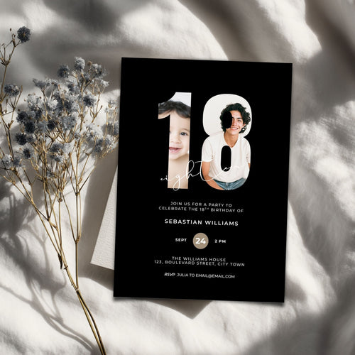 Black 18th birthday photo invitation template for boys