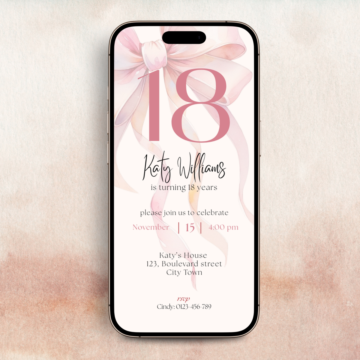 Phone screen displaying a 18th birthday invitation with pink bow coquette and text on a light pink background