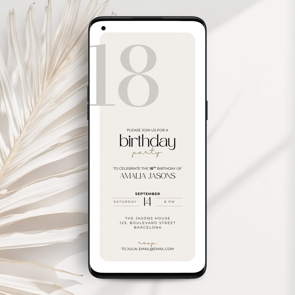 Phone displaying a 18th birthday party invitation with decorative elements on a light background