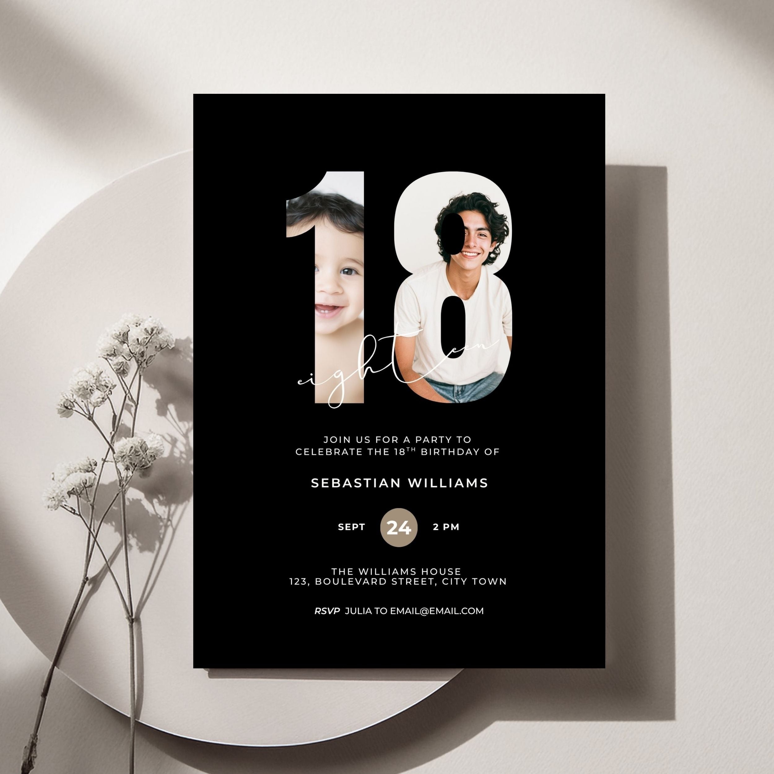 Black 18th Birthday Photo Invitation Boys