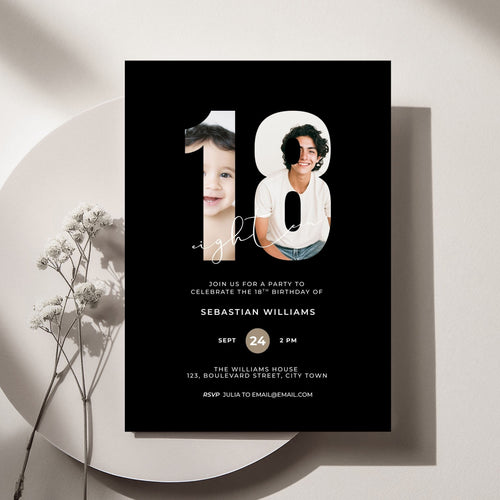 Black 18th Birthday Photo Invitation Boys