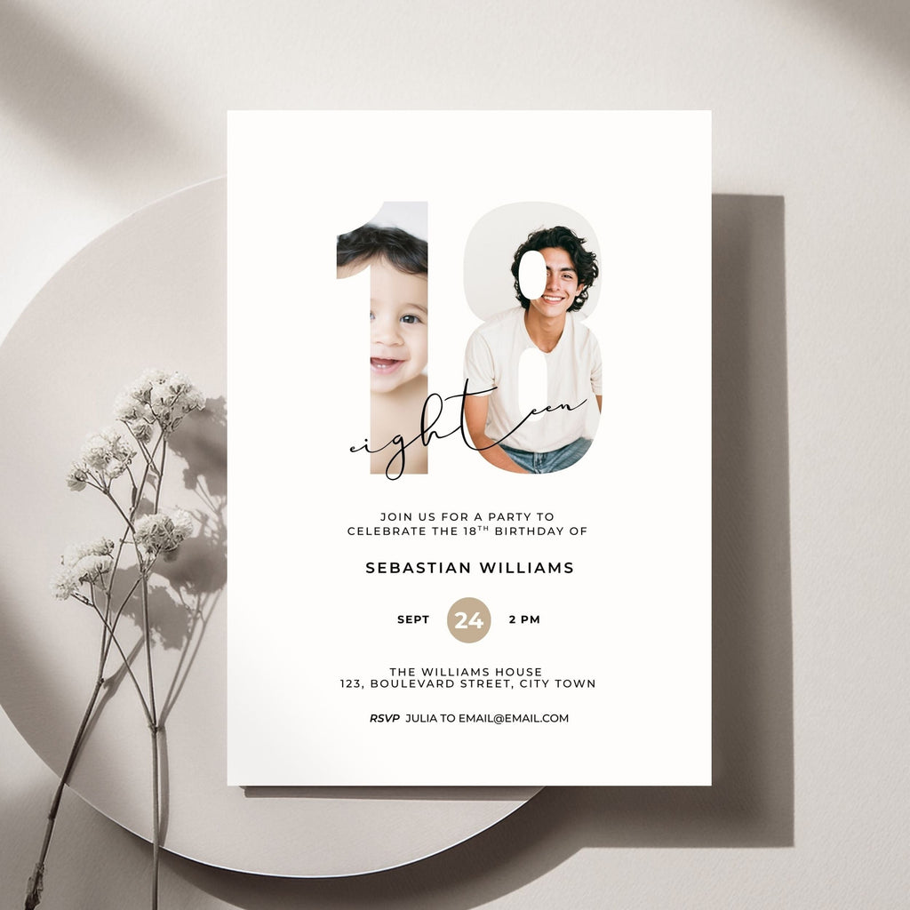 Close-up of photo placement on 18th birthday invitation