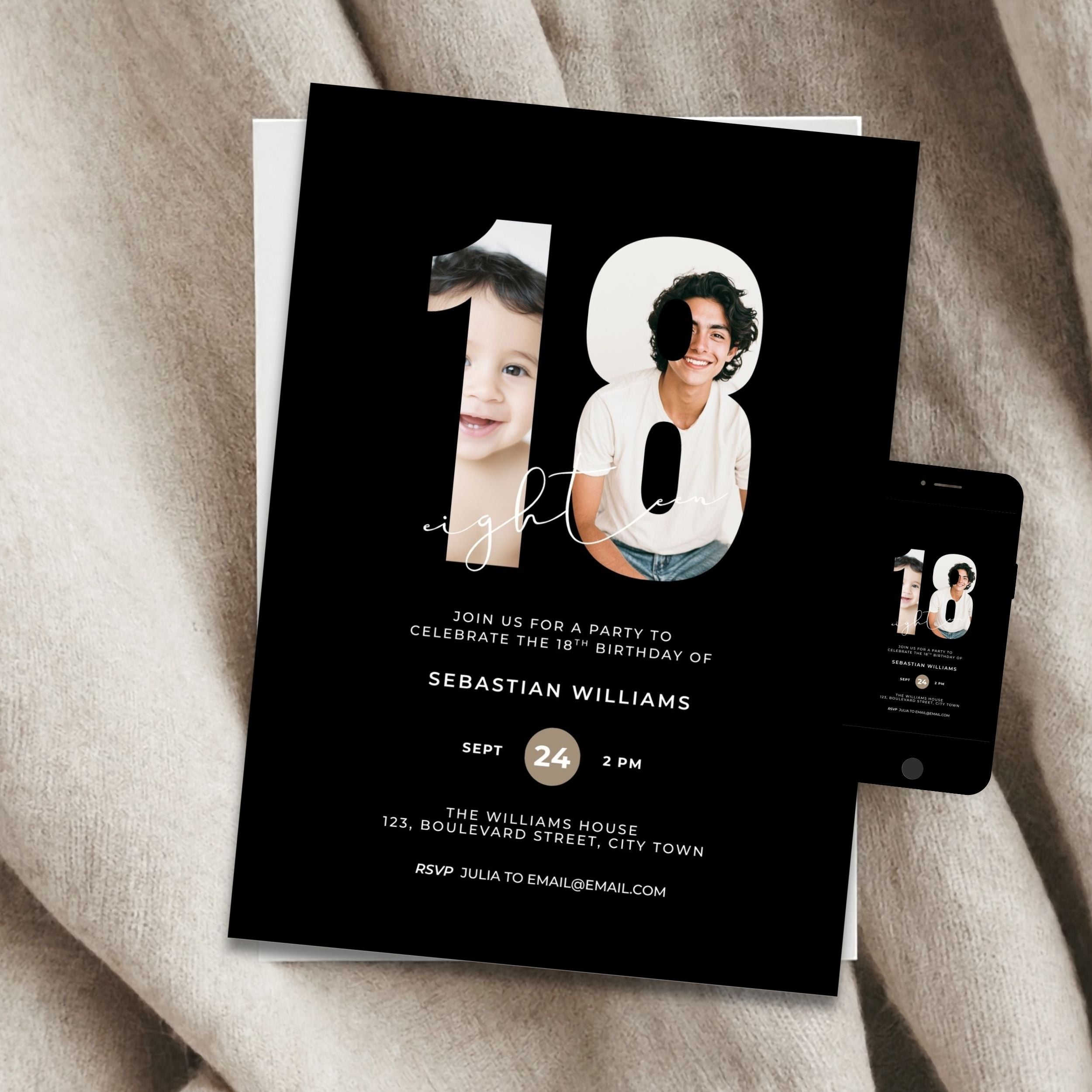 Black 18th Birthday Photo Invitation Boys