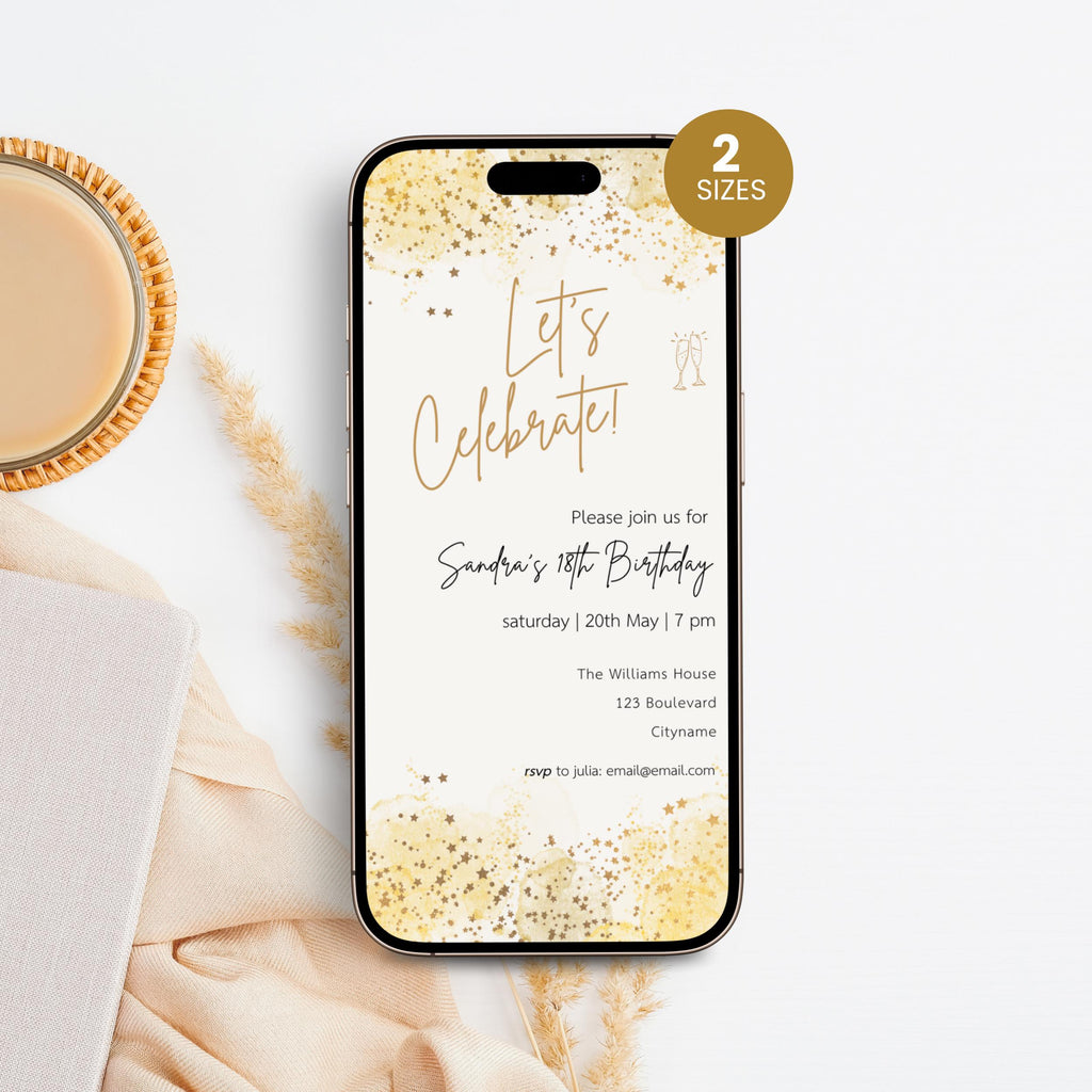 Phone screen displaying a 18th birthday invitation with gold text on a white background, next to a cup of coffee.