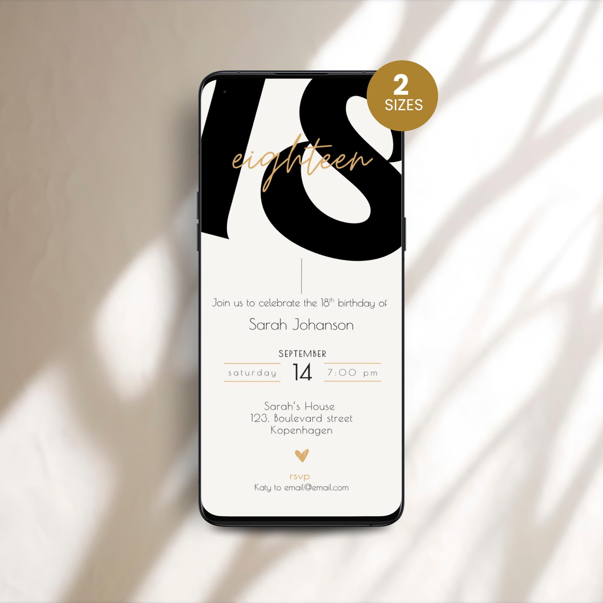 Phone displaying a 18th birthday invitation with a stylish design on a light background
