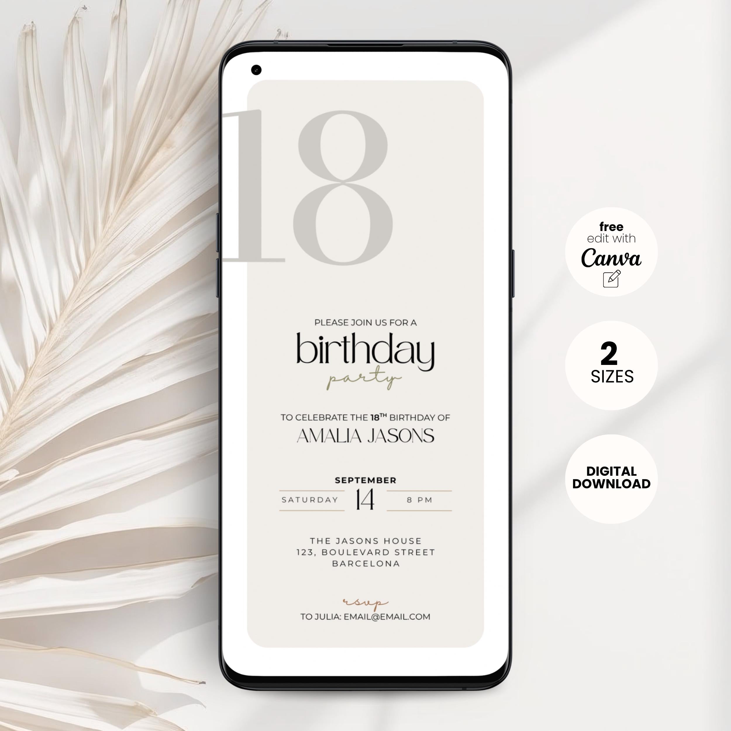 Phone displaying a 18th birthday party invitation with decorative elements on a light background