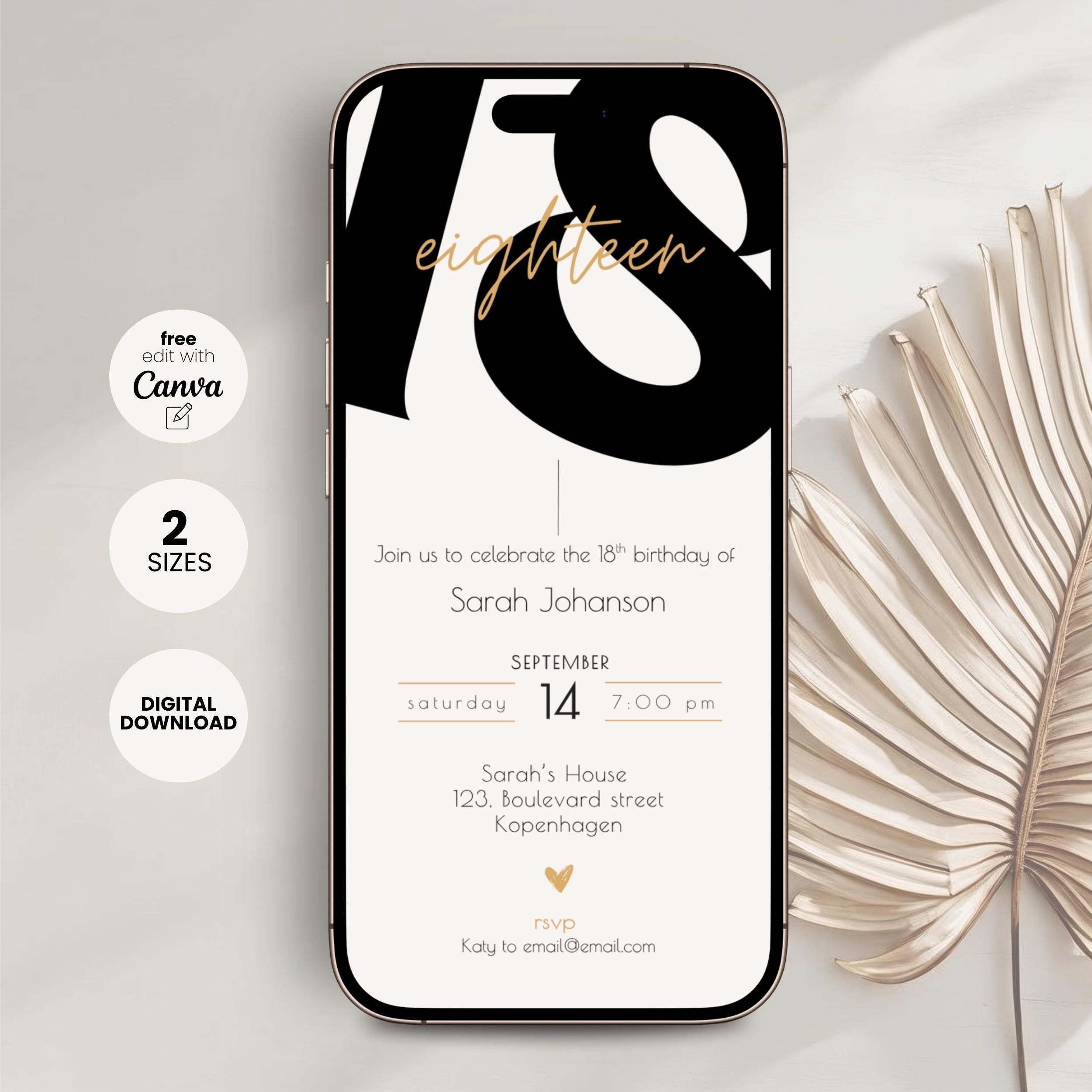 Phone displaying a 18th birthday invitation with 'eighteen' design, surrounded by decorative leaves on a light background.