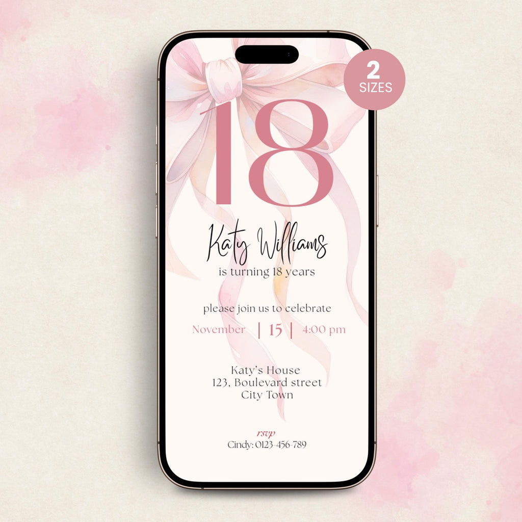 Phone screen displaying an 18th birthday invitation with pink ribbons on a light pink background