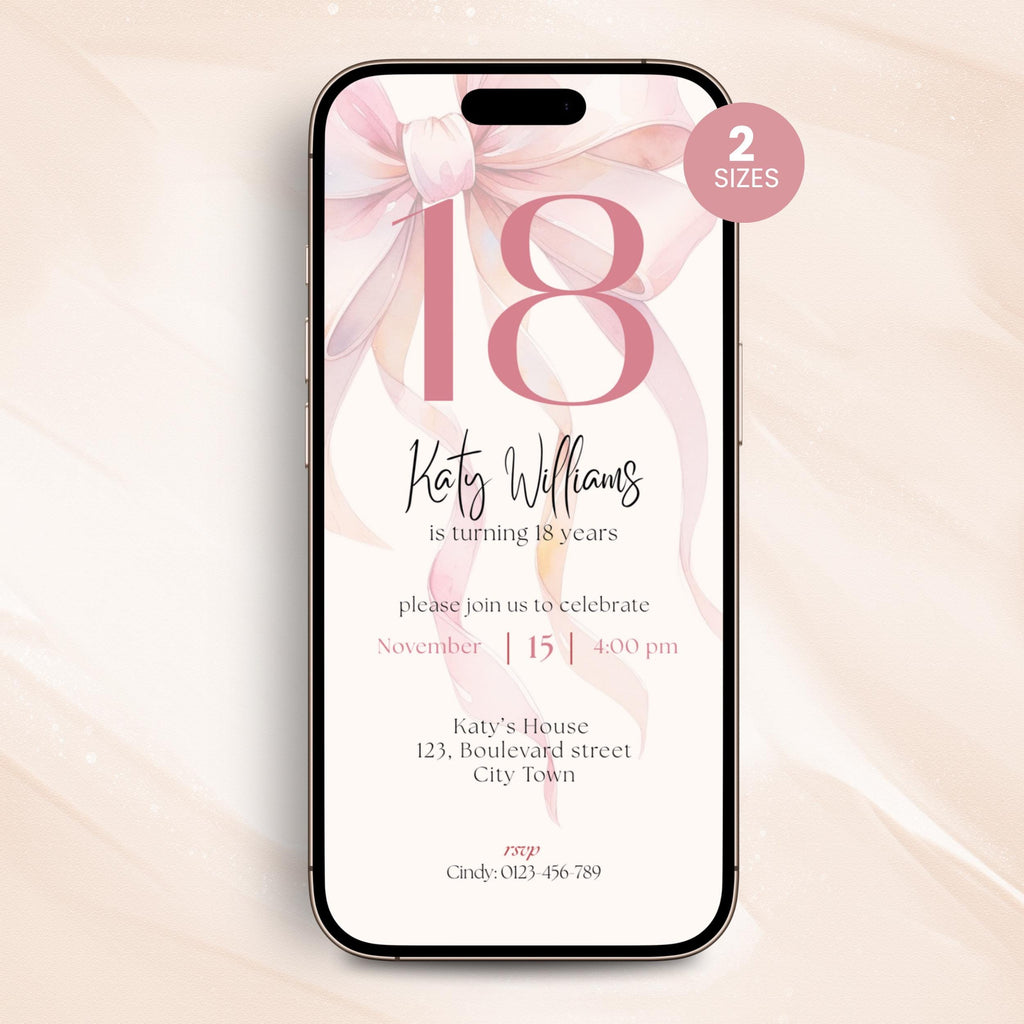 Phone screen displaying a 18th birthday invitation with pink ribbons and text on a light pink background