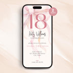 Phone screen displaying a 18th birthday invitation with pink ribbons and text on a light pink background