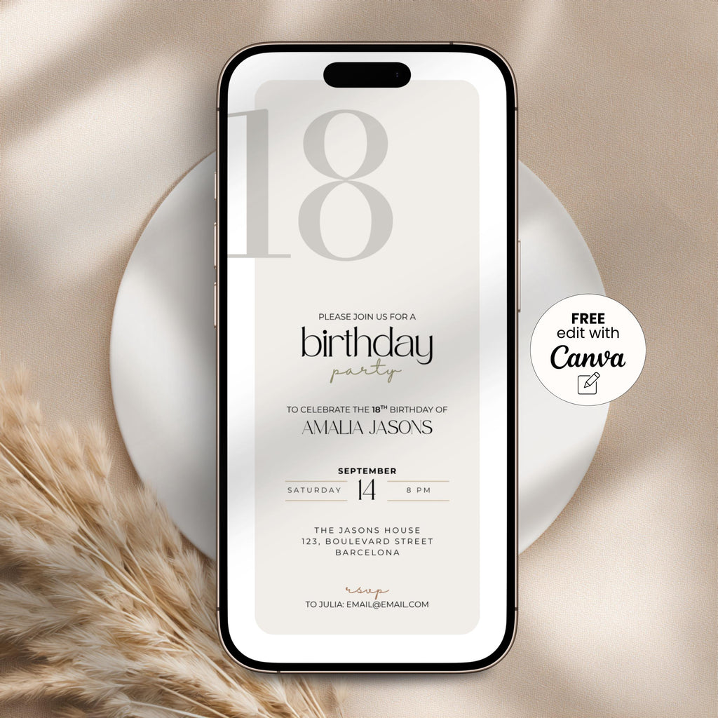 Phone displaying a 19th birthday invitation with 'Free edit with Canva' label on a neutral background
