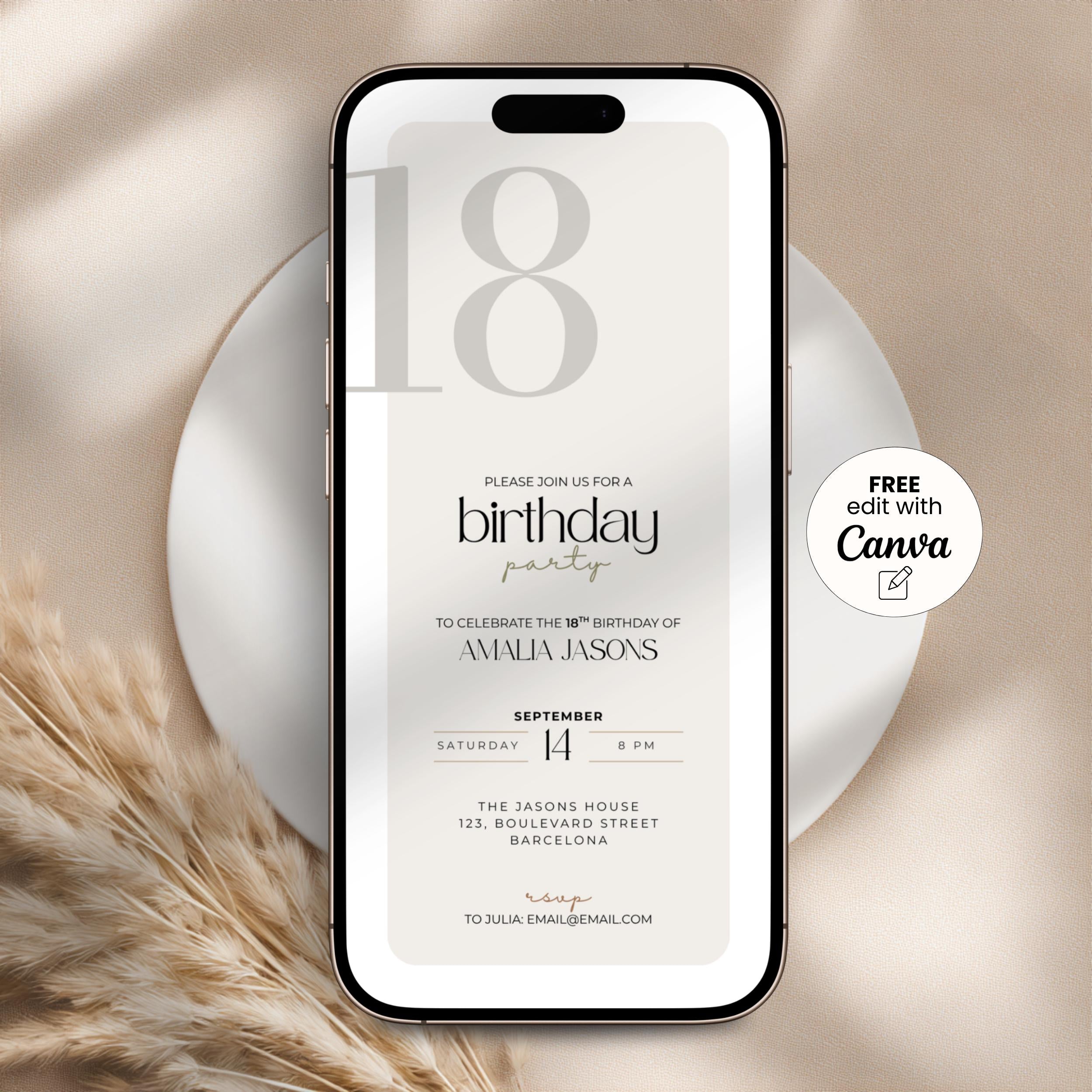 Phone displaying a 19th birthday invitation with 'Free edit with Canva' label on a neutral background