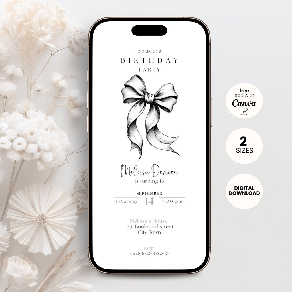 Phone screen displaying a 18th birthday party invitation with a bow graphic, surrounded by white flowers on a light gray background.