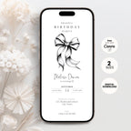 Phone screen displaying a 18th birthday party invitation with a bow graphic, surrounded by white flowers on a light gray background.