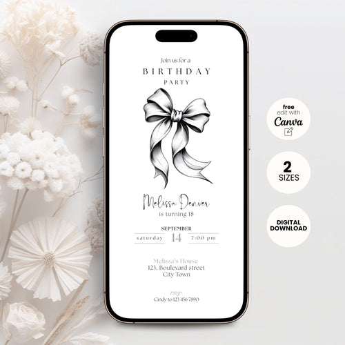 Phone screen displaying a 18th birthday party invitation with a bow graphic, surrounded by white flowers on a light gray background.