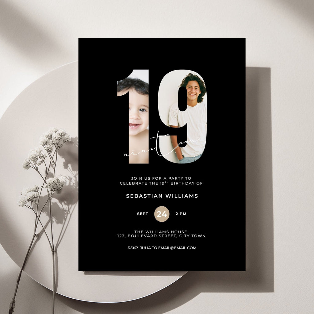 Black 19th Birthday Photo Invitation Template Boys