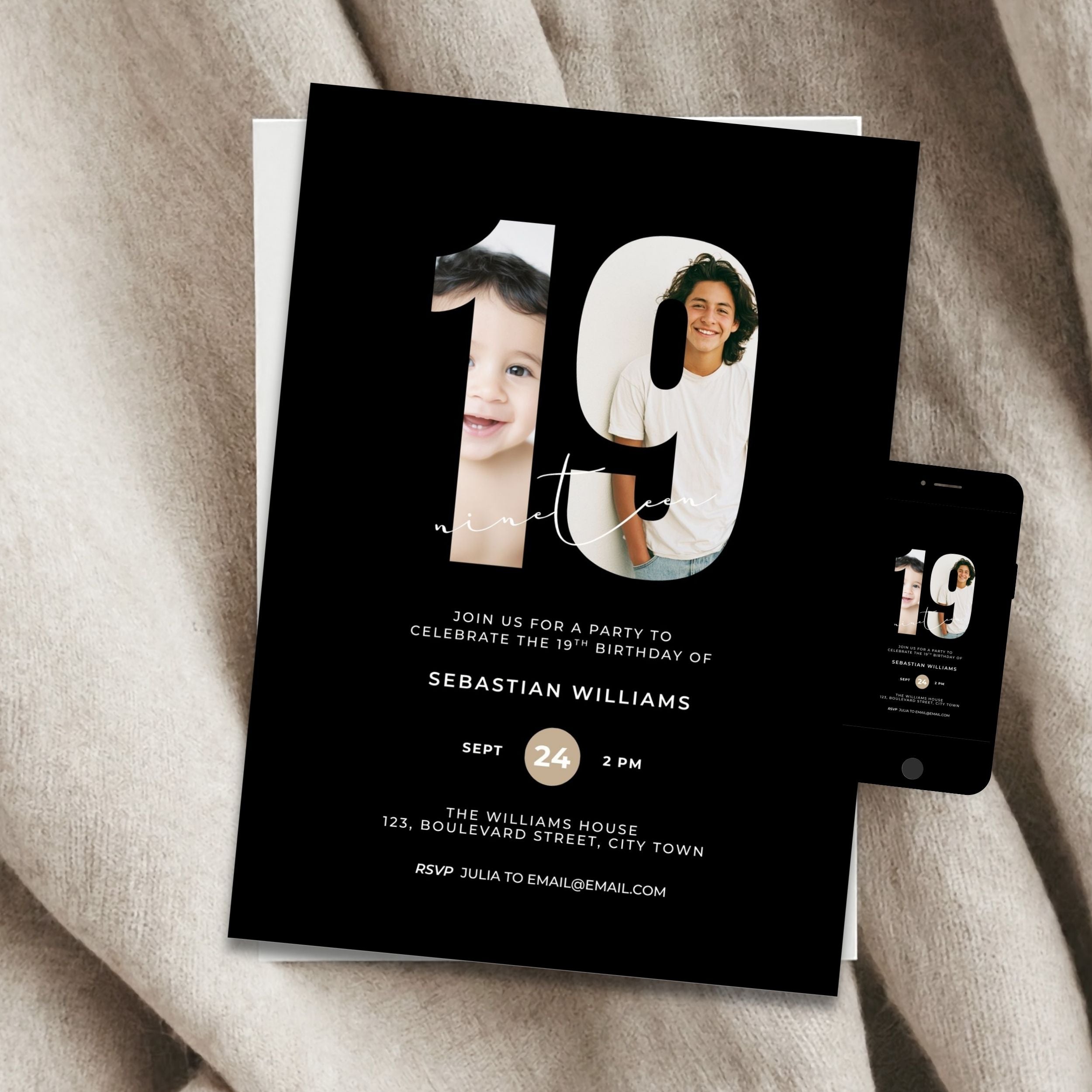 Black 19th Birthday Photo Invitation Template Boys