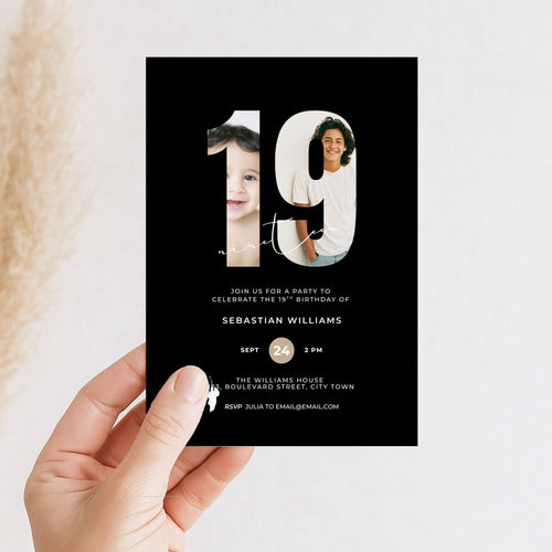 Black 19th Birthday Photo Invitation Template Boys