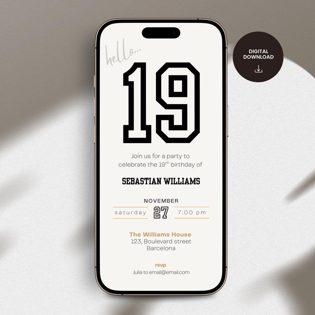 Phone displaying a 19th birthday invitation with the number 19 on a white background
