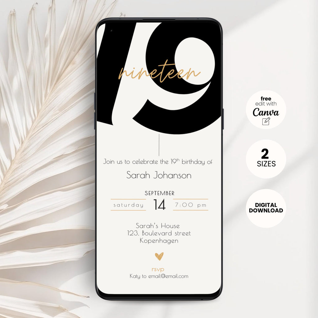 Phone displaying a 19th birthday invitation with a black and white design on a light background.