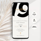 Phone displaying a 19th birthday invitation with a black and white design on a light background.
