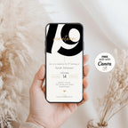 Hand holding a phone with a 19th birthday invitation on a soft, neutral background