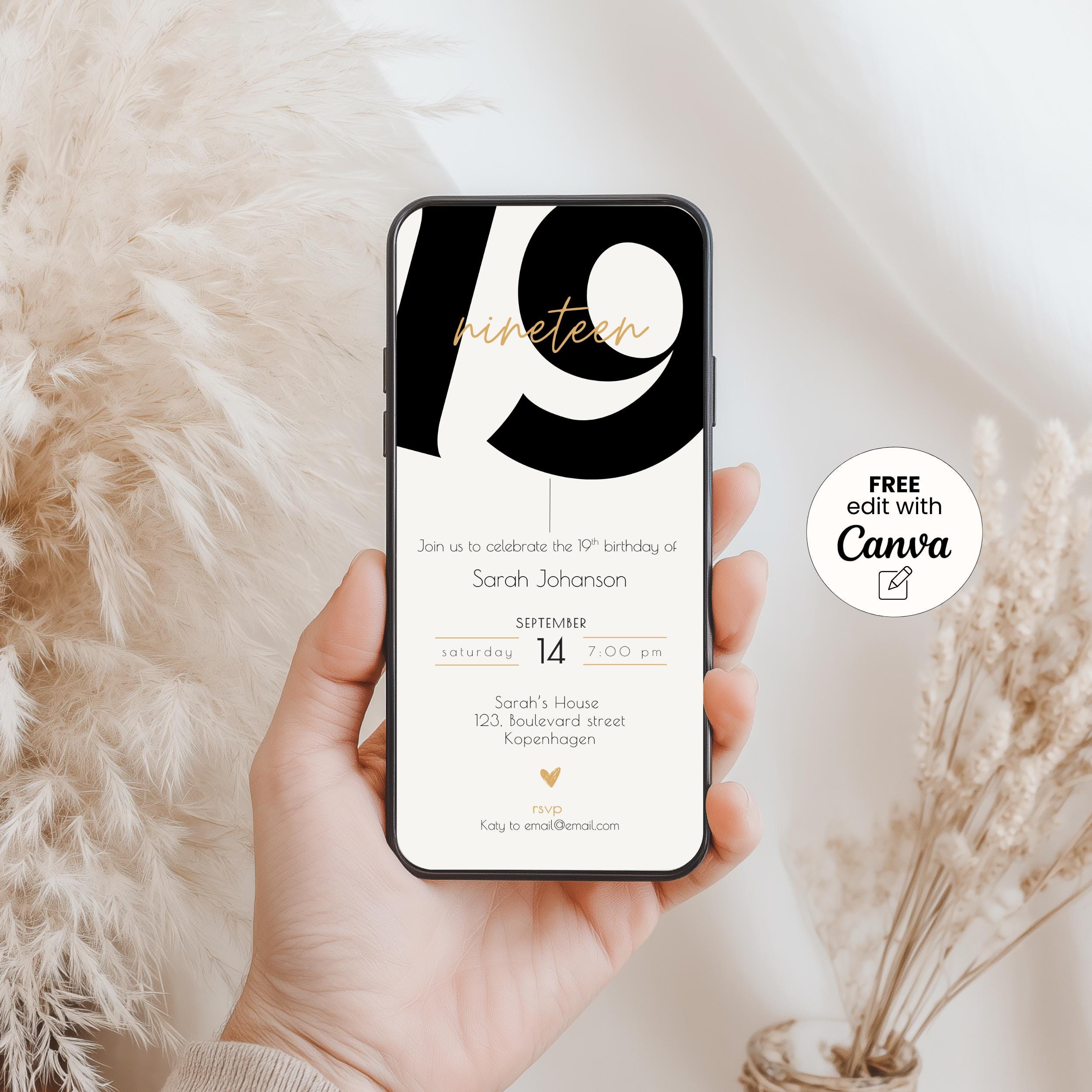 Hand holding a phone with a 19th birthday invitation on a soft, neutral background