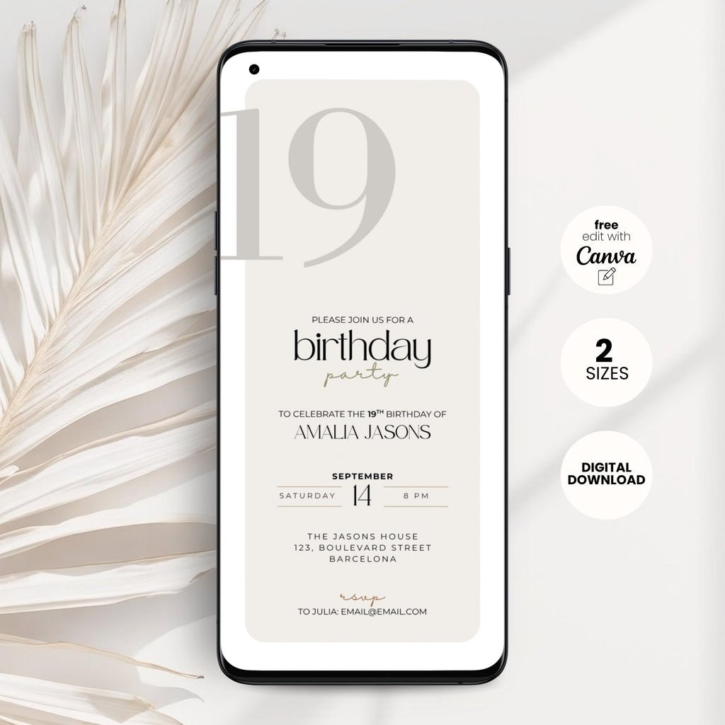 Phone displaying a 19th birthday party invitation with decorative elements on a light background